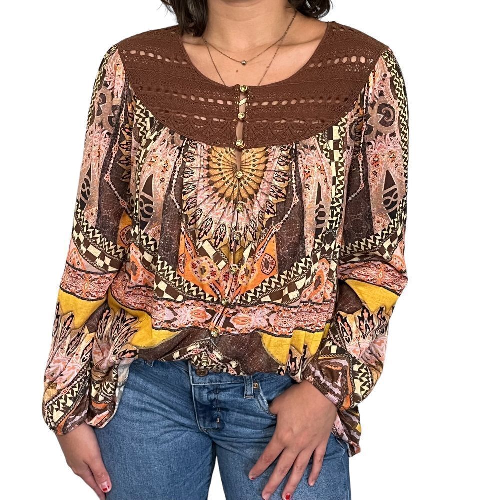 V Cristina‎ Women's Crochet Lace Paisley Print Tunic Top Blouse Embellished Sz S